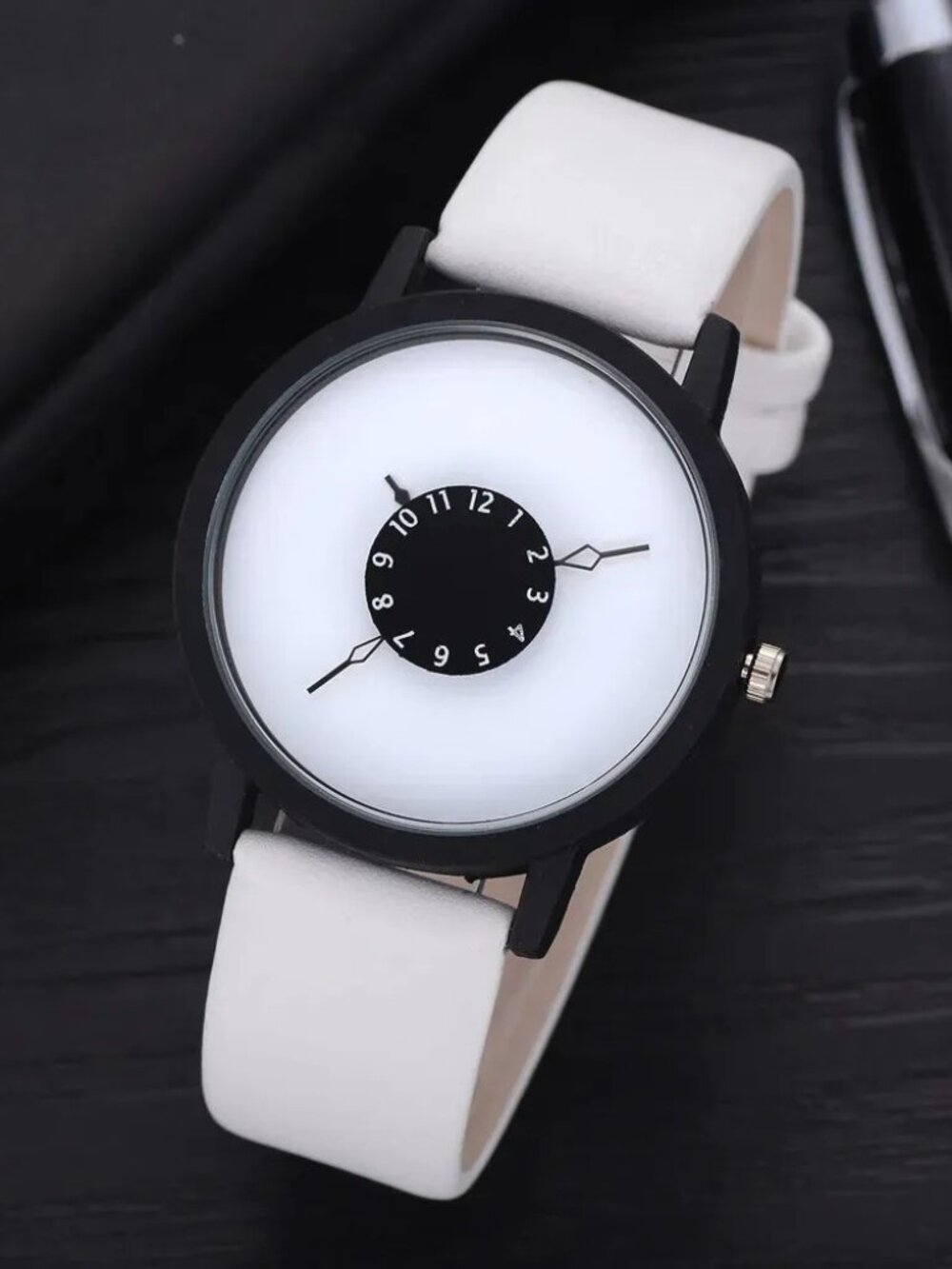 Minimalist Unique Dial Unisex Analog Quartz Wrist Watch White Band, White Face
